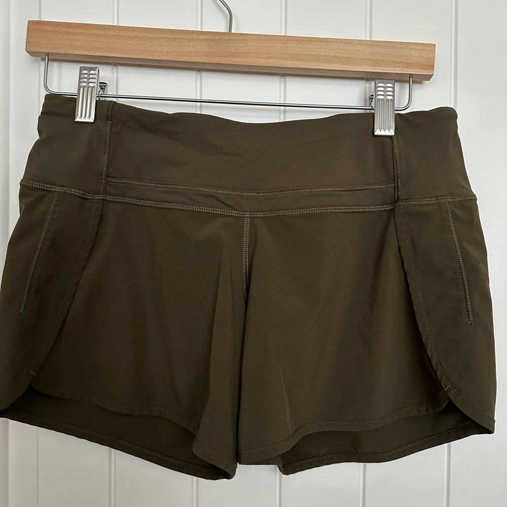 Women’s Lululemon Speed Up Shorts, Olive Green Color
